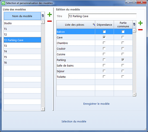 Fenêtre des modèles de locaux